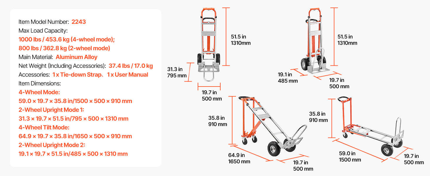SucceBuy 4 in 1 Hand Truck 1000 lbs Load Capacity for 4-Wheel Mode Aluminum Alloy Portable Trolley Dolly for Moving Home Office-1000 lbs / Poland