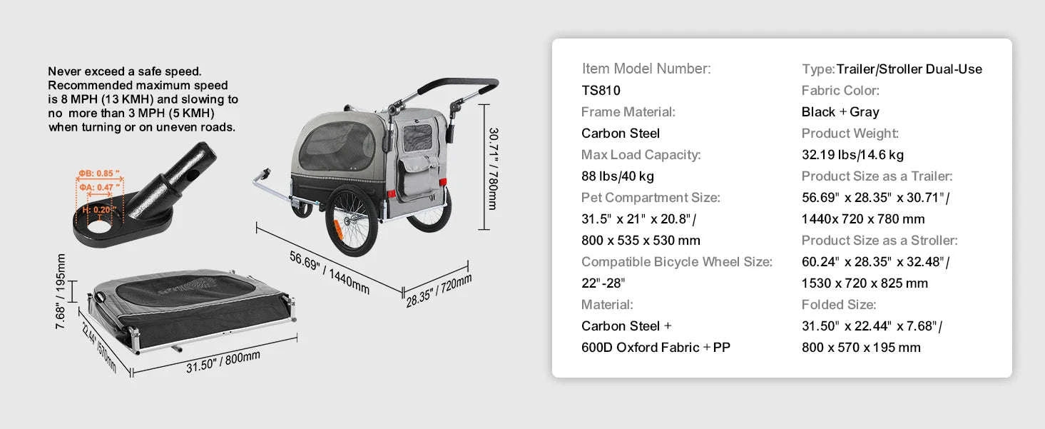 SucceBuy 88lbs 2-in-1 Pet Stroller Cart Dog Bike Trailer with Wheels Reflectors Easy Folding Cart Frame Bicycle Coupler Carrier-88lbs / United States