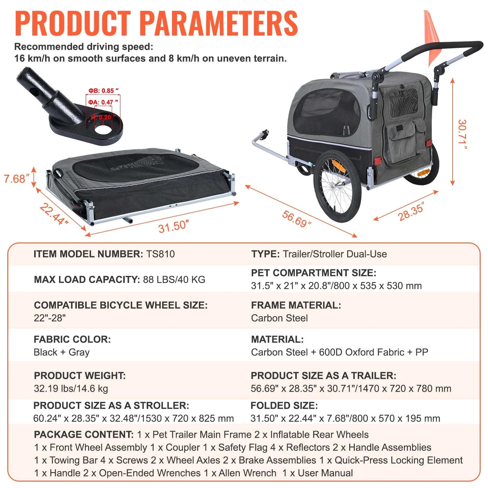 SucceBuy 88lbs 2-in-1 Pet Stroller Cart Dog Bike Trailer with Wheels Reflectors Easy Folding Cart Frame Bicycle Coupler Carrier-88lbs / United States