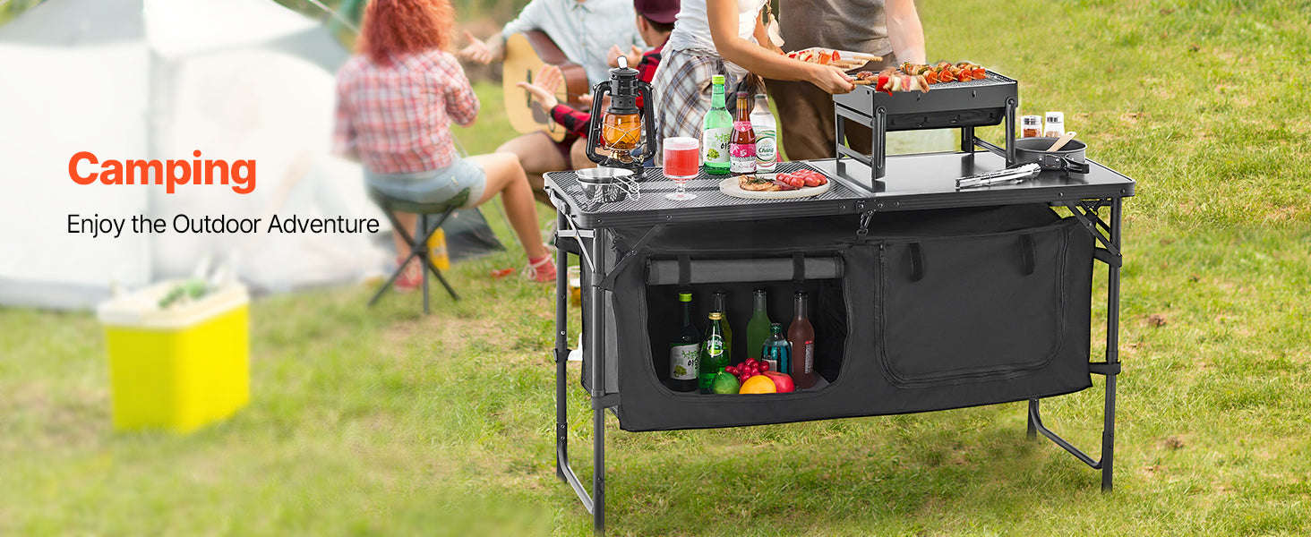 SucceBuy Camping Kitchen Table Outdoor Cooking Table Aluminum Lightweight Portable Cook Station for BBQ Party Picnic RV Travel-Black / United States