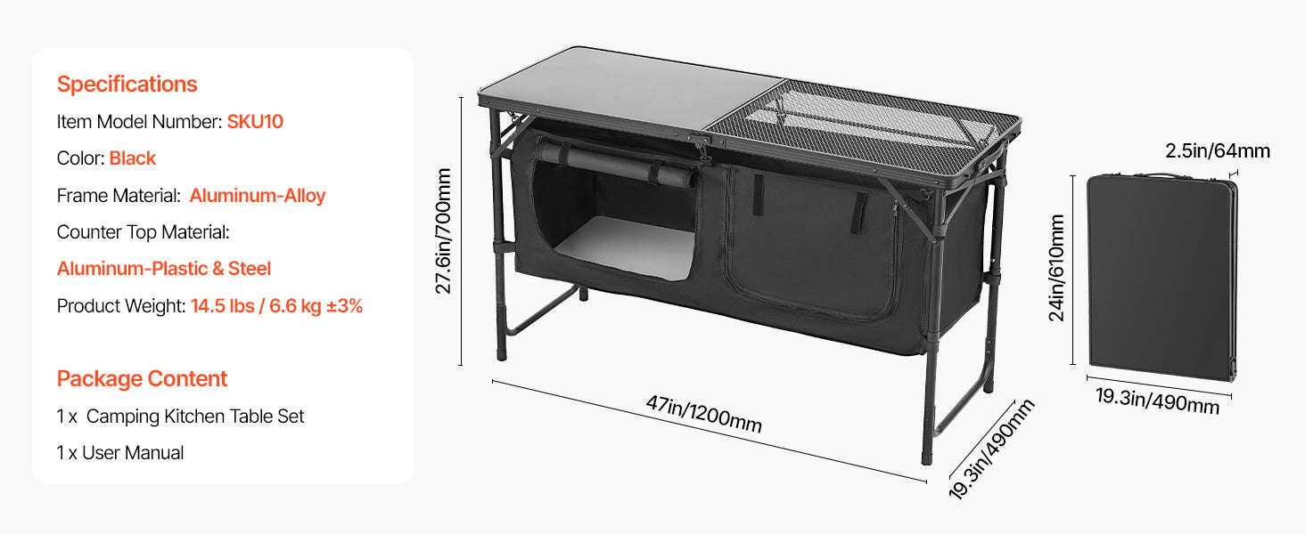 SucceBuy Camping Kitchen Table Outdoor Cooking Table Aluminum Lightweight Portable Cook Station for BBQ Party Picnic RV Travel-Black / United States