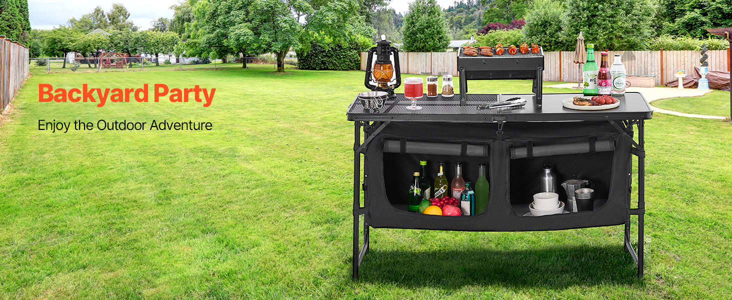 SucceBuy Camping Kitchen Table Outdoor Cooking Table Aluminum Lightweight Portable Cook Station for BBQ Party Picnic RV Travel-Black / United States