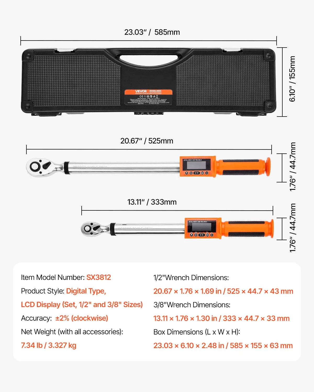 SucceBuy Digital Torque Wrench 72-Tooth ±2% High Accuracy Electronic Torque Wrench Preset Value Buzzer and LED Notification-2-Piece / CZECH REPUBLIC