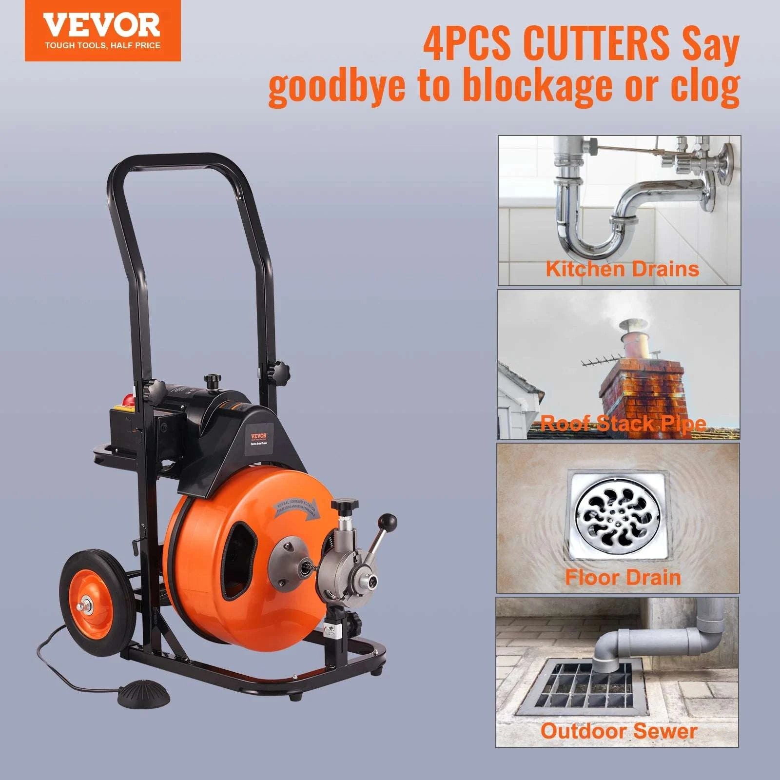 SucceBuy Drain Cleaning Machine 75FT 100FT Inch Sewer Snake Machine Auto Feed Drain Auger Cleaner with Air-Activated Foot Switch-75FT / Poland