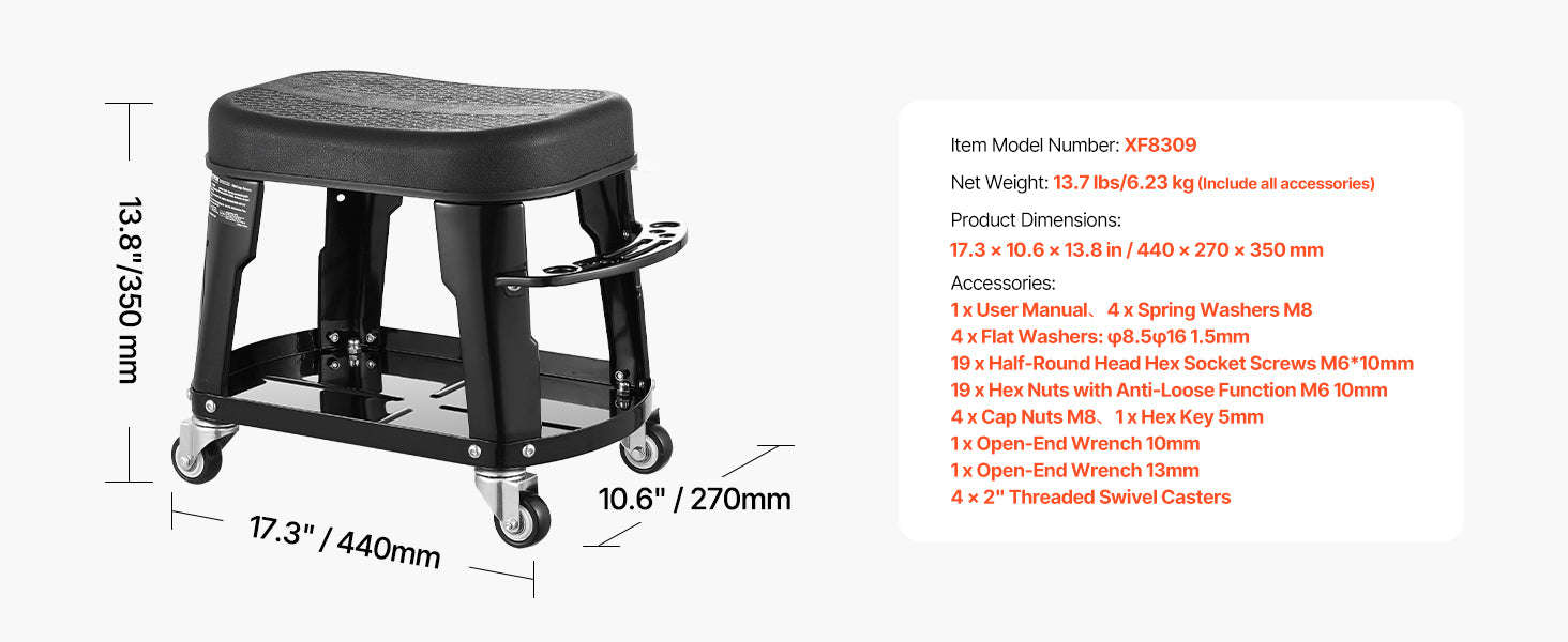 SucceBuy Mechanic Stool 300lbs Garage Seat with Wheels 360° Swivel Rolling Workshop Stool with Tool Tray for Garage, Shop Repair-Black / Poland
