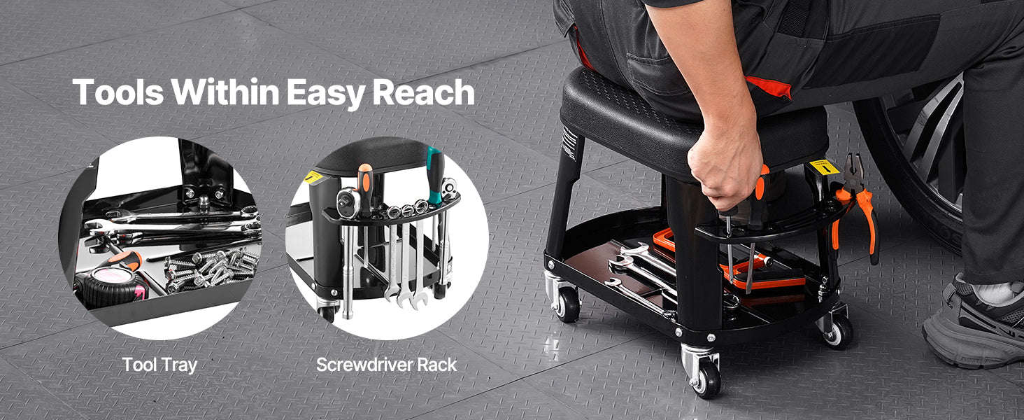 SucceBuy Mechanic Stool 300lbs Garage Seat with Wheels 360° Swivel Rolling Workshop Stool with Tool Tray for Garage, Shop Repair-Black / Poland