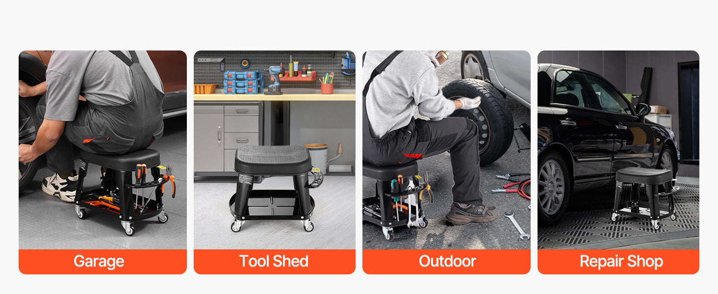 SucceBuy Mechanic Stool 300lbs Garage Seat with Wheels 360° Swivel Rolling Workshop Stool with Tool Tray for Garage, Shop Repair-Black / Poland