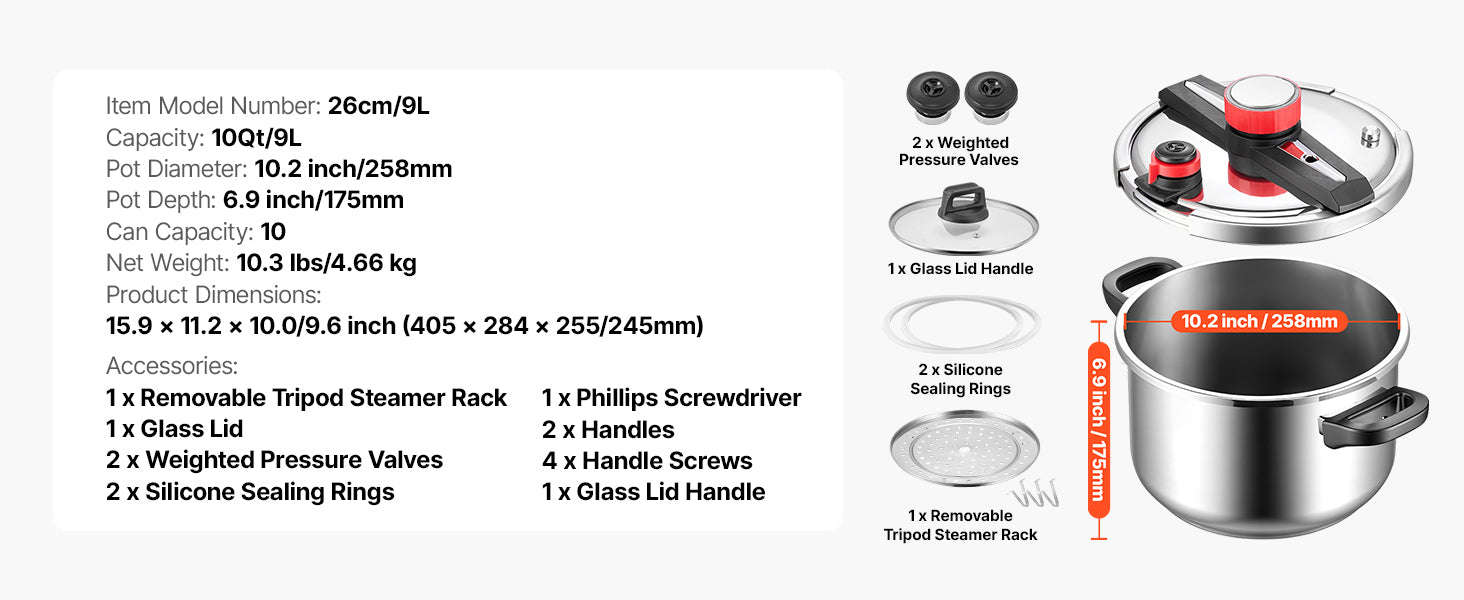 SucceBuy Pressure Cooker 6.3/8/10/12Qt Three Settings Stainless Steel with Steaming Rack Tempered Glass Lid for Meat Beans Rice-10Qt / United States