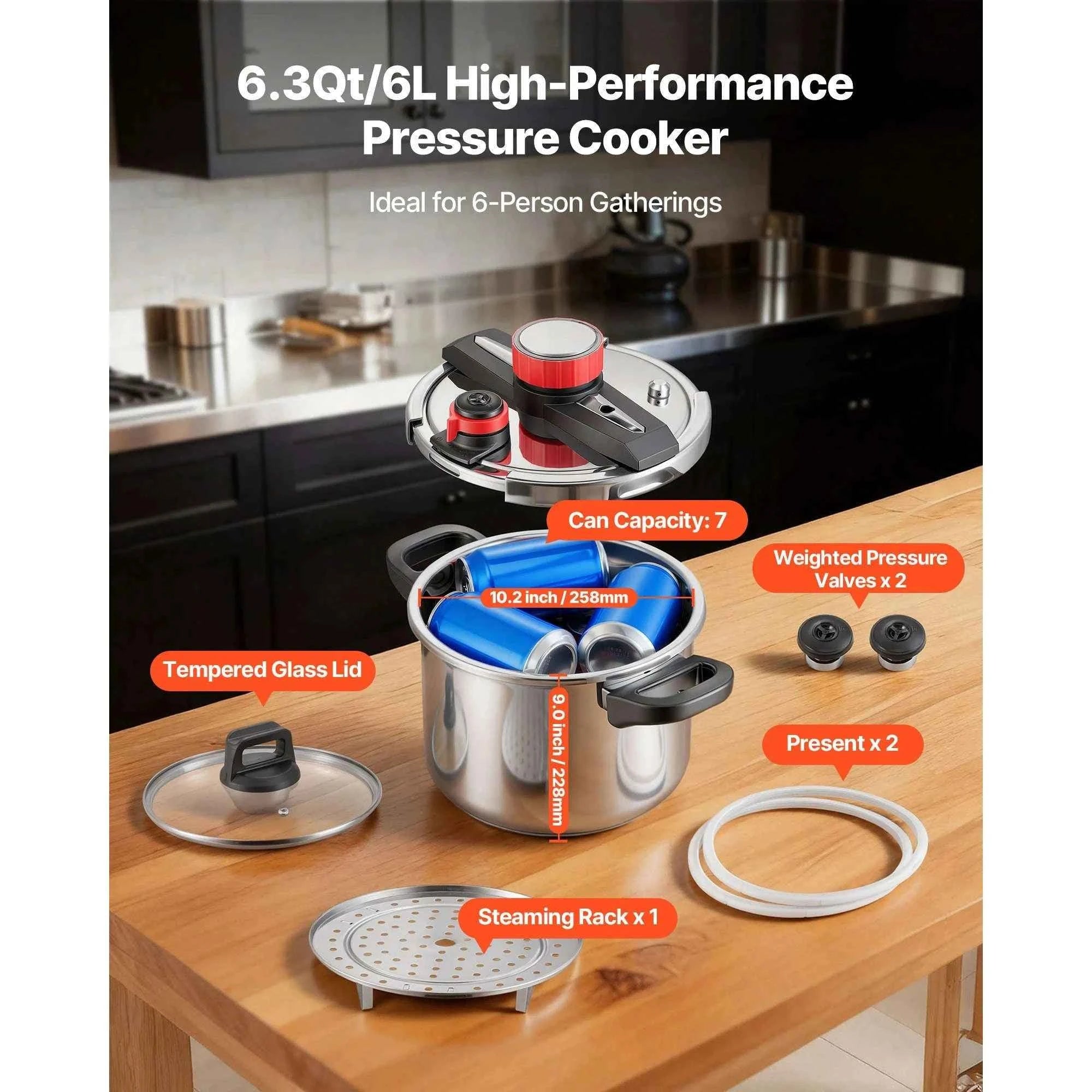 SucceBuy Pressure Cooker 6.3/8/10/12Qt Three Settings Stainless Steel with Steaming Rack Tempered Glass Lid for Meat Beans Rice