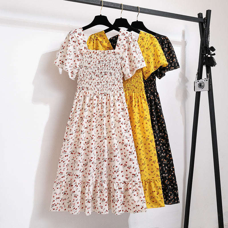 Summer Chiffon Midi Dress for Women with Elastic Waist-Yellow / One Size