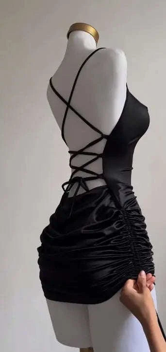 Summer Lace-Up Halter Bodycon Dress-S / black