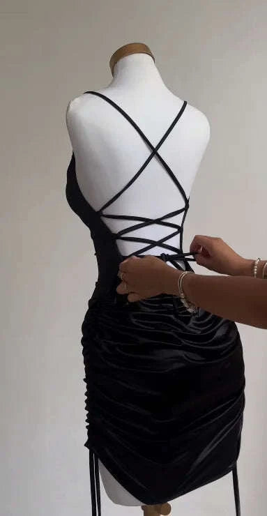 Summer Lace-Up Halter Bodycon Dress-S / black