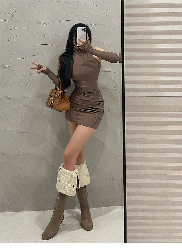 Summer Pleated Bodycon Dress-Dark Brown / L