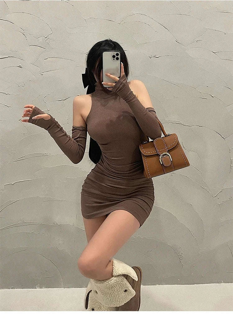 Summer Pleated Bodycon Dress-Dark Brown / L