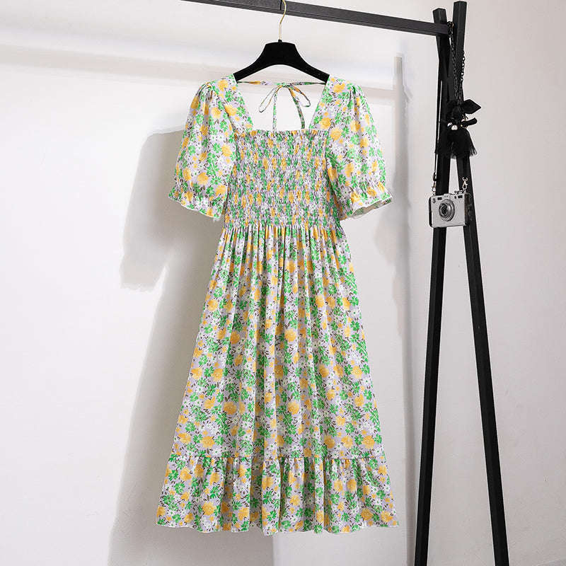 Summer Pleated Chiffon Midi Dress with Flattering A-Line Flow-oufen / One Size