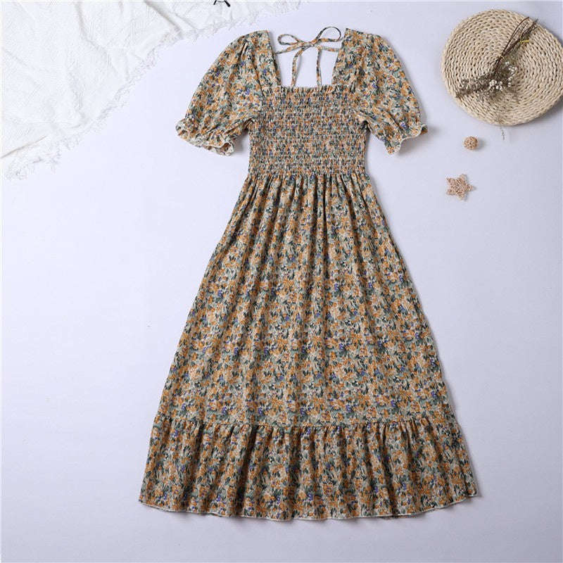 Summer Pleated Chiffon Midi Dress with Flattering A-Line Flow-oufen / One Size