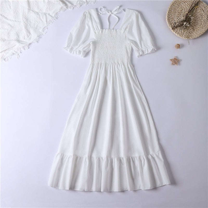 Summer Pleated Chiffon Midi Dress with Flattering A-Line Flow-oufen / One Size