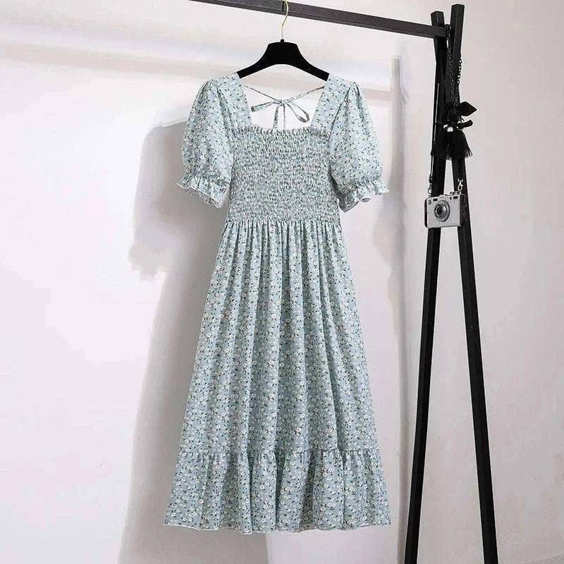 Summer Pleated Chiffon Midi Dress with Flattering A-Line Flow-oufen / One Size