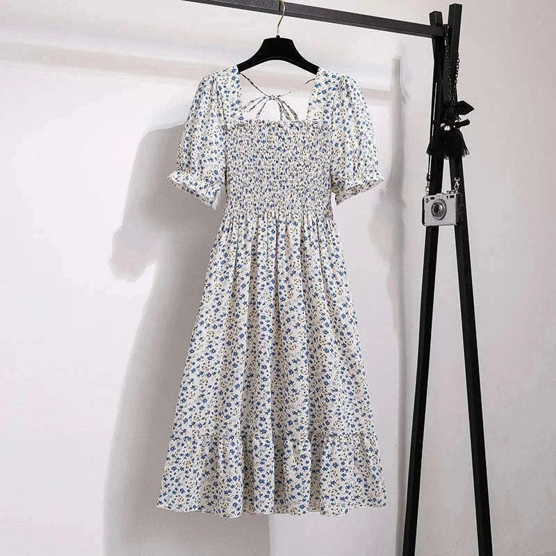 Summer Pleated Chiffon Midi Dress with Flattering A-Line Flow-oufen / One Size