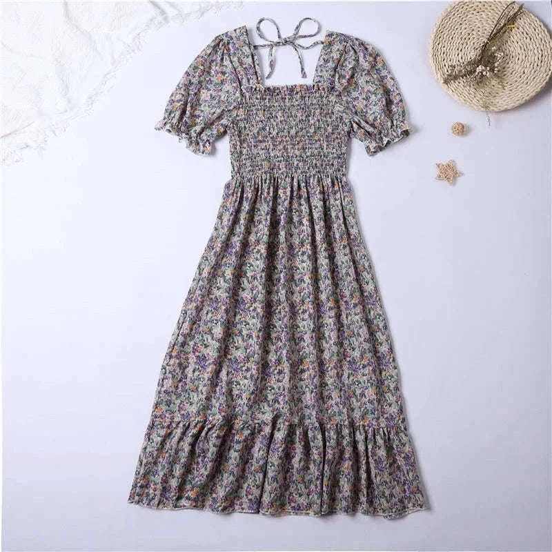 Summer Pleated Chiffon Midi Dress with Flattering A-Line Flow-oufen / One Size