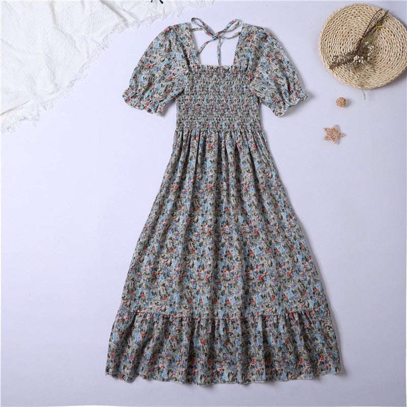 Summer Pleated Chiffon Midi Dress with Flattering A-Line Flow-oufen / One Size