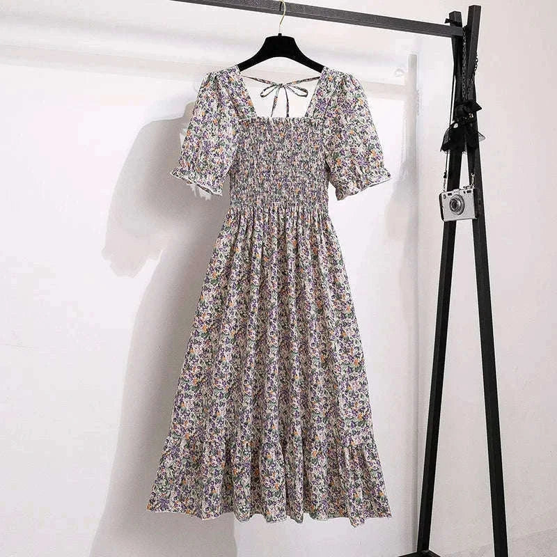 Summer Pleated Chiffon Midi Dress with Flattering A-Line Flow-oufen / One Size