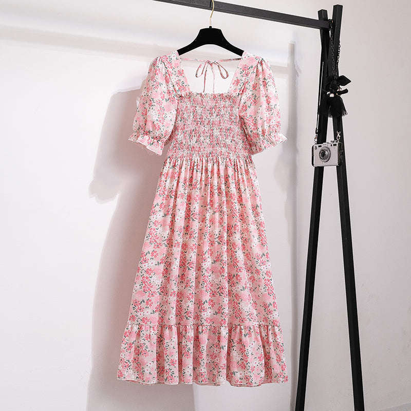 Summer Pleated Chiffon Midi Dress with Flattering A-Line Flow-oufen / One Size