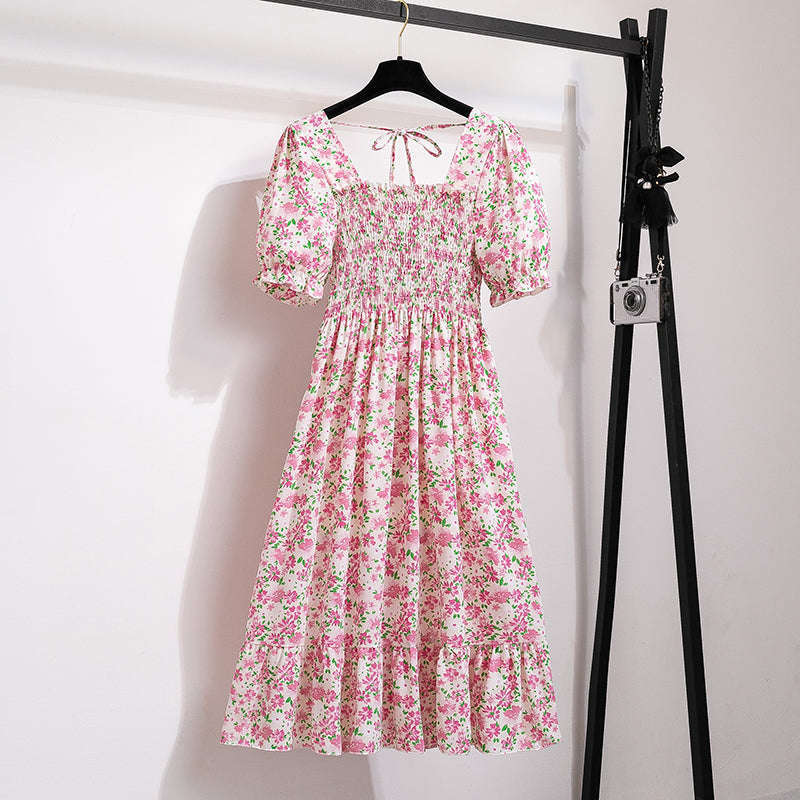 Summer Pleated Chiffon Midi Dress with Flattering A-Line Flow-oufen / One Size