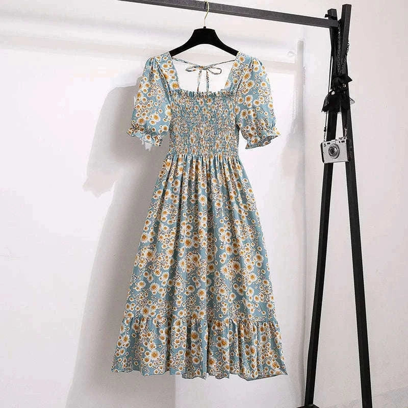 Summer Pleated Chiffon Midi Dress with Flattering A-Line Flow-oufen / One Size
