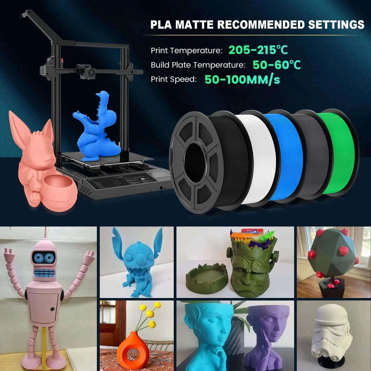 SUNLU PLAmatte 1.75mm 3D Filament for Clean, Matte Prints-5 Blue / GERMANY