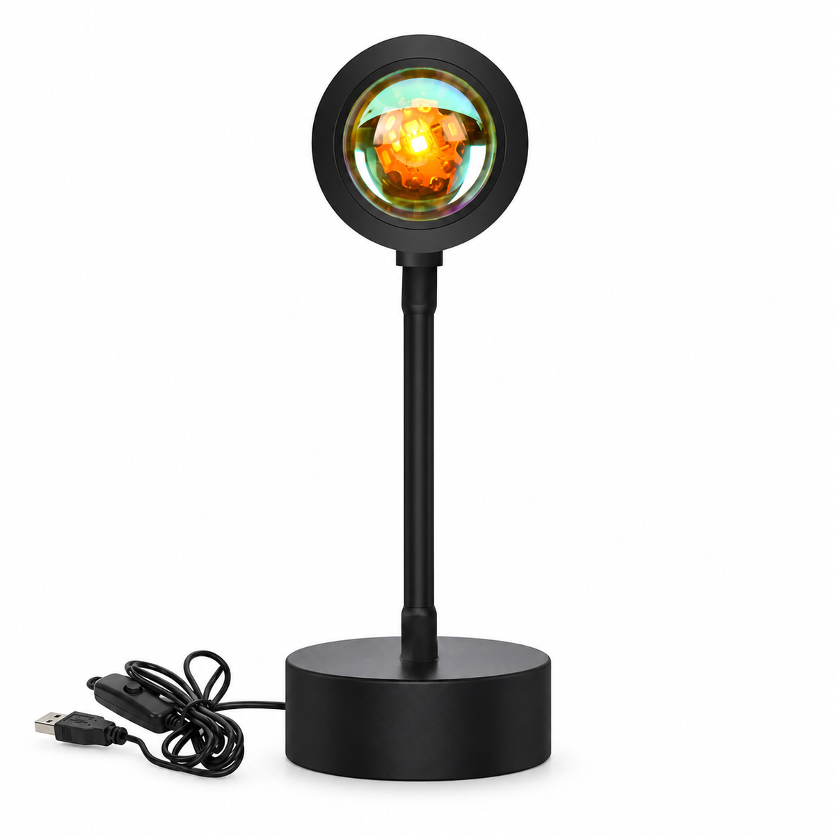 Black USB projection lamp with power cable on white background