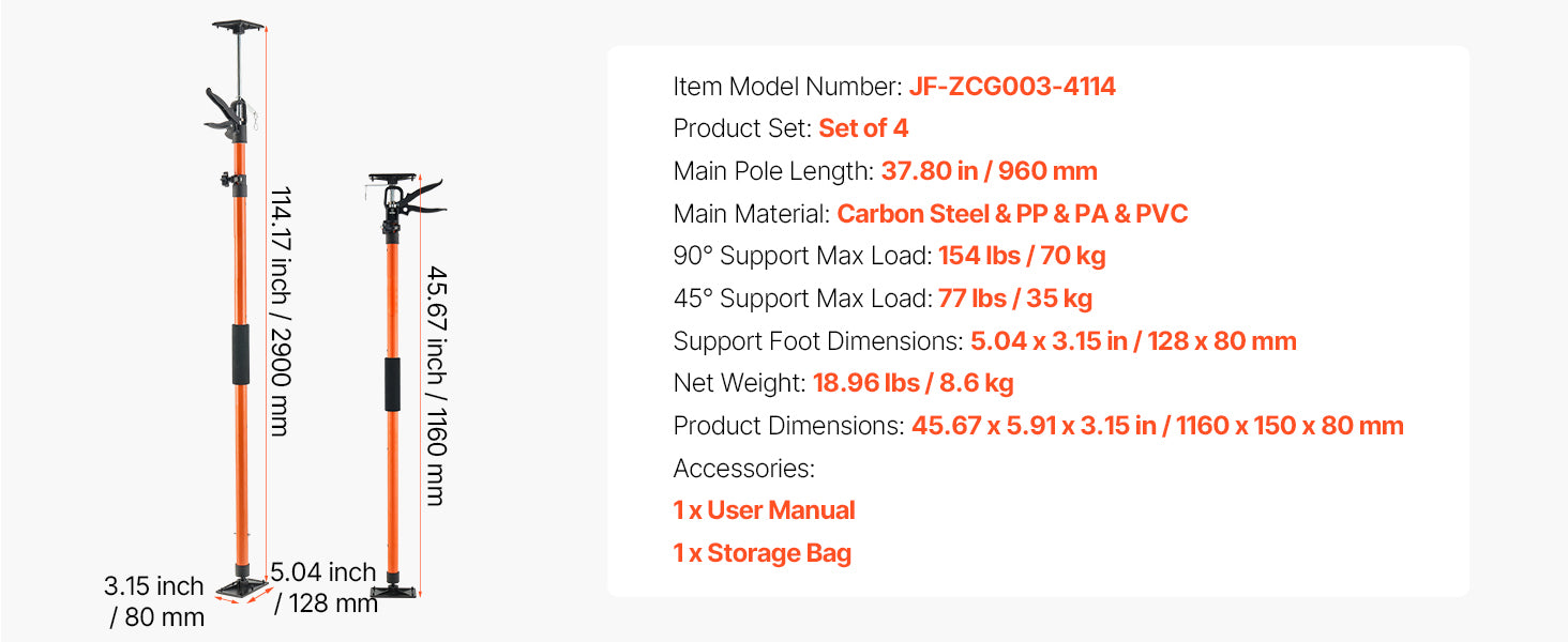 Adjustable Cabinet Jack Support Pole 19–114in Steel Lift Rod
