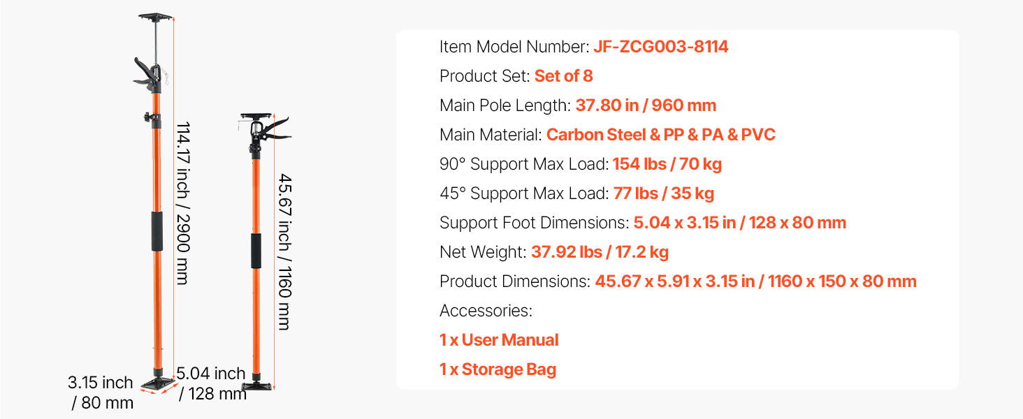 Adjustable Cabinet Jack Support Pole 19–114in Steel Lift Rod