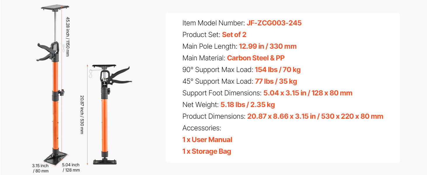 Adjustable Cabinet Jack Support Pole 19–114in Steel Lift Rod