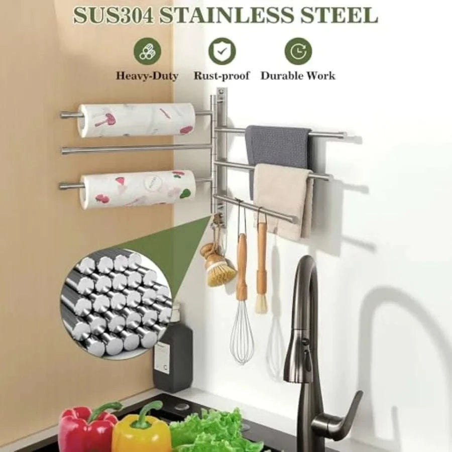 SUS304 Stainless Steel Swivel Towel Rack with 6 Swing Arms & Hook-United States / BrushedNickel