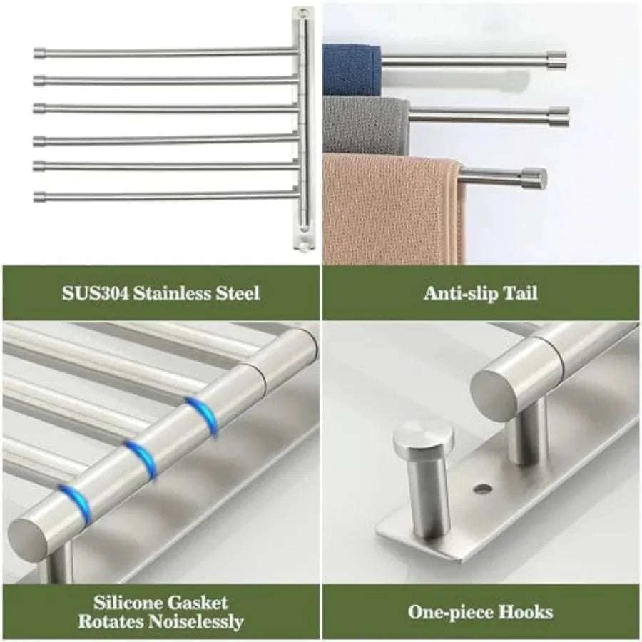 SUS304 Stainless Steel Swivel Towel Rack with 6 Swing Arms & Hook-United States / BrushedNickel