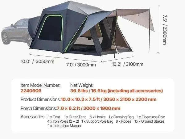 SUV Camping Tent with Awning – Waterproof Double Layer for 5–8-10x10ft / Poland
