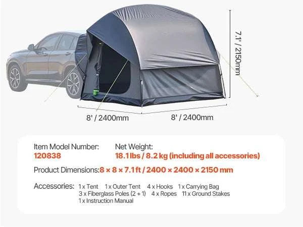 SUV Camping Tent with Awning – Waterproof Double Layer for 5–8-10x10ft / Poland