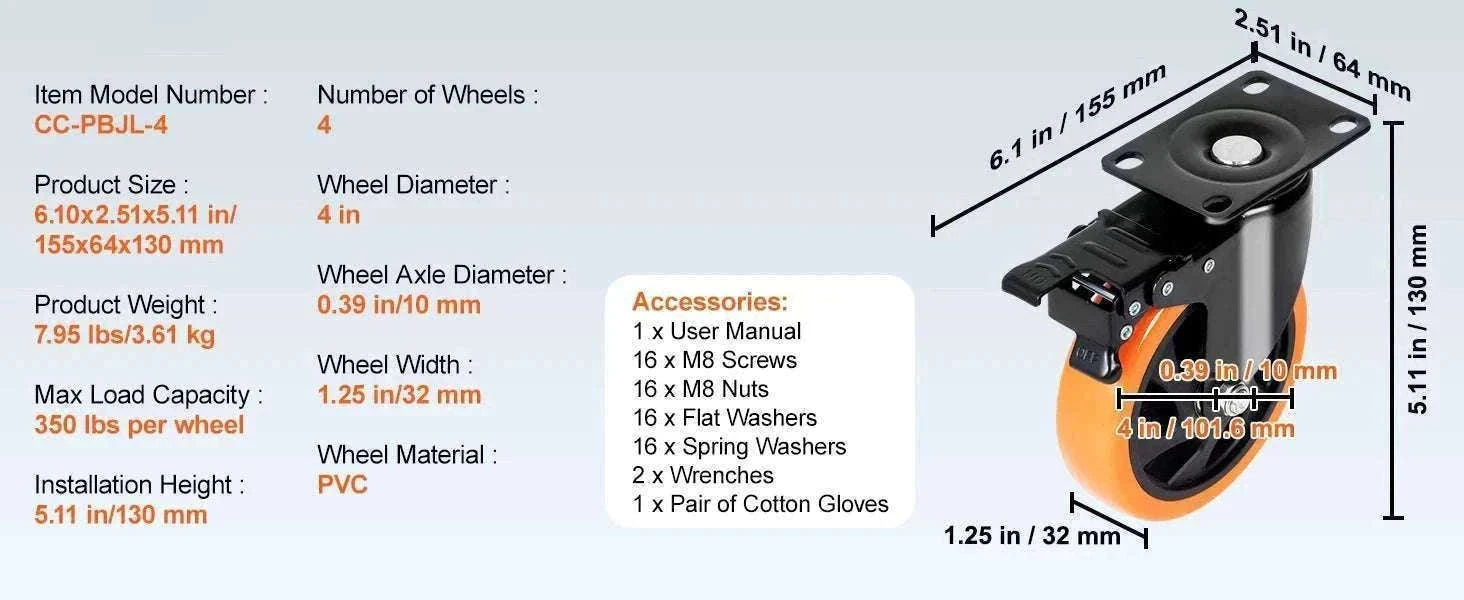 Swivel Plate Caster Wheels Set of 4 with Dual Lock Brakes-3 in / CZECH REPUBLIC