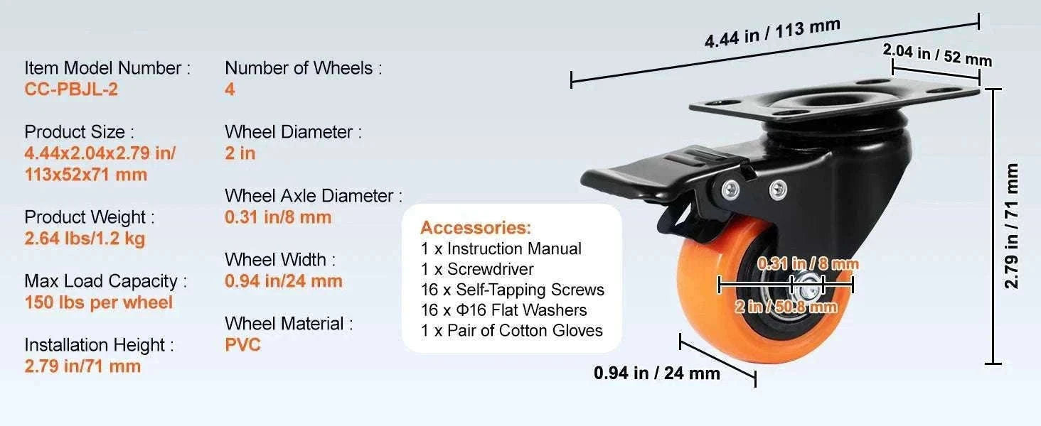 Swivel Plate Caster Wheels Set of 4 with Dual Lock Brakes-3 in / CZECH REPUBLIC