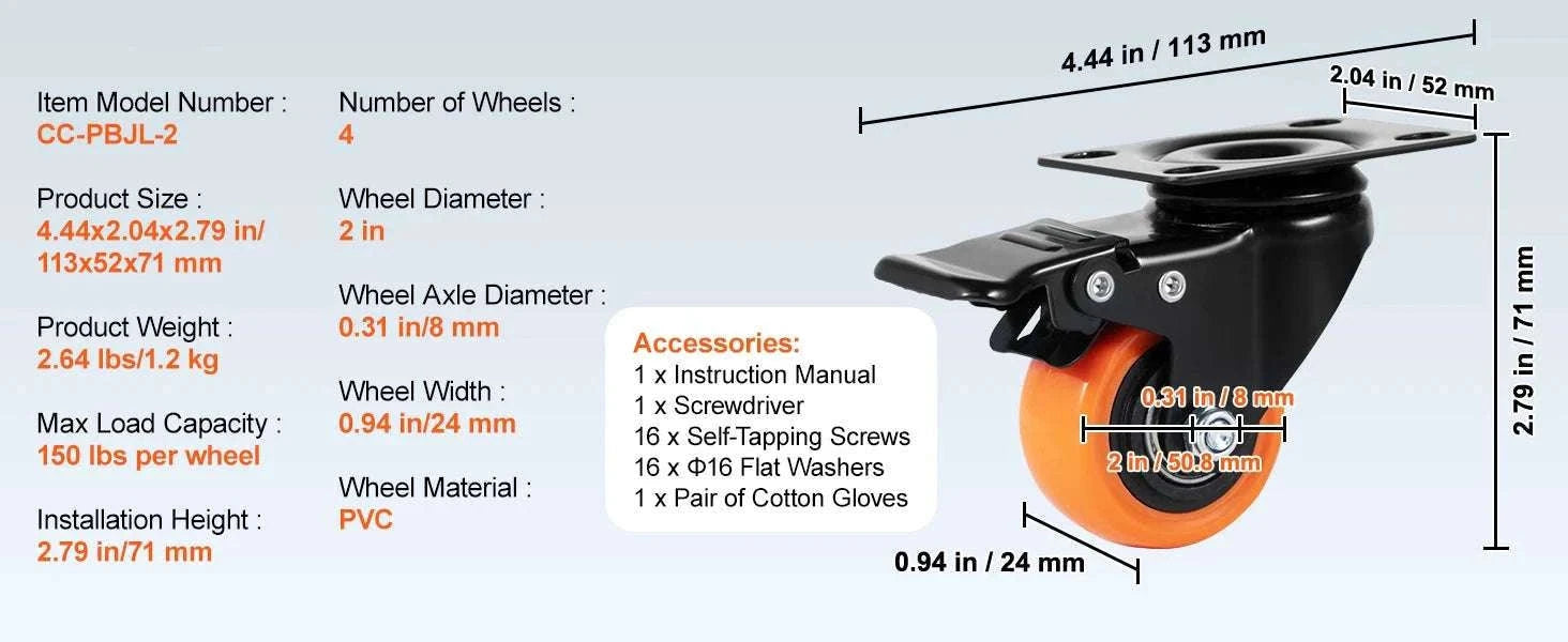 Swivel Plate Caster Wheels Set with Dual Locking Brakes 2–6 Inch-5 in / United States