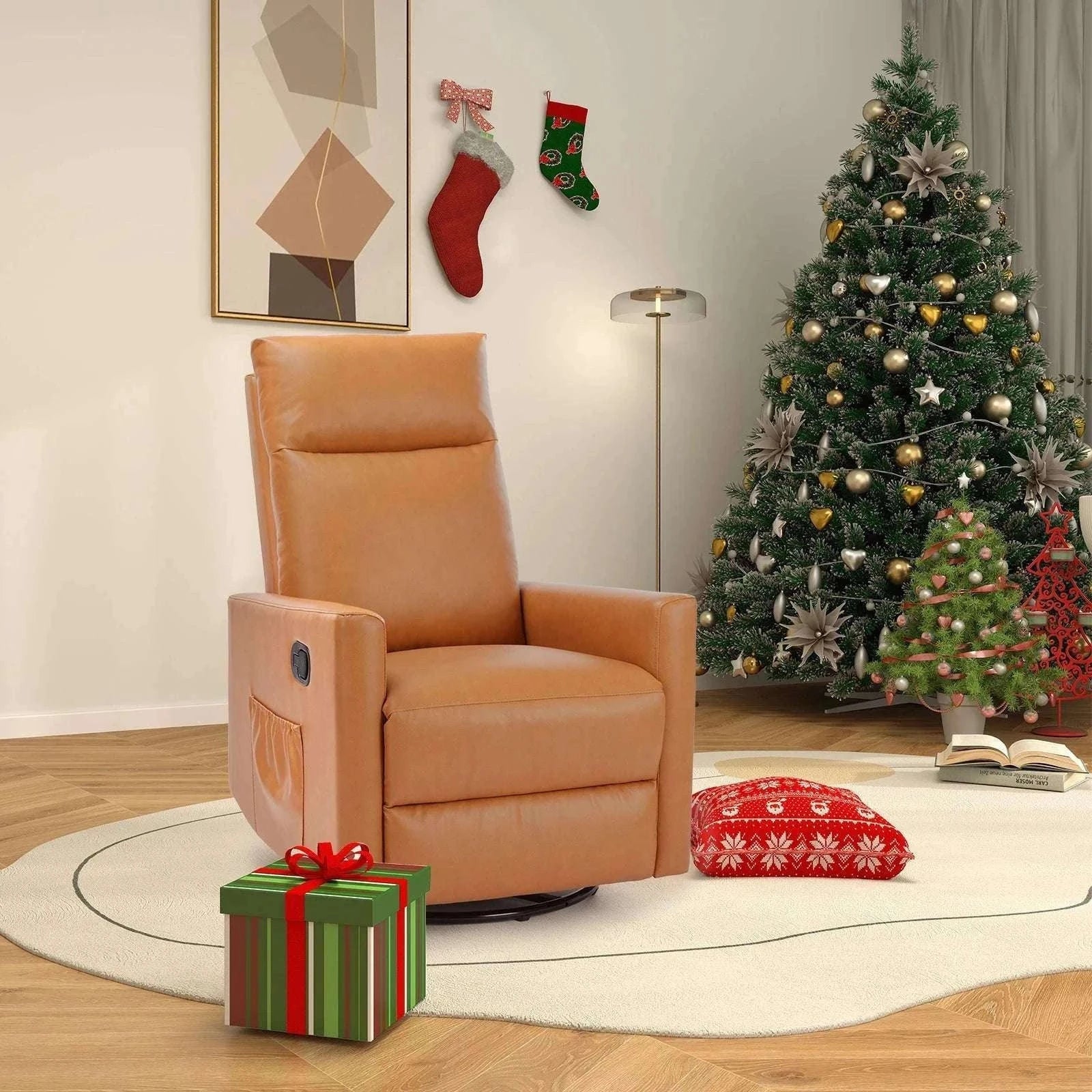 Swivel Rocker Recliner Chair with Large Footrest and Deep Seat-Brown / One Seat / United States