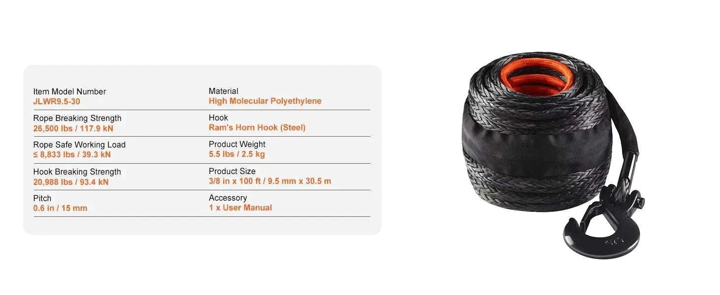 Synthetic Winch Rope 26500–32000 lbs with Hook for Truck ATV-