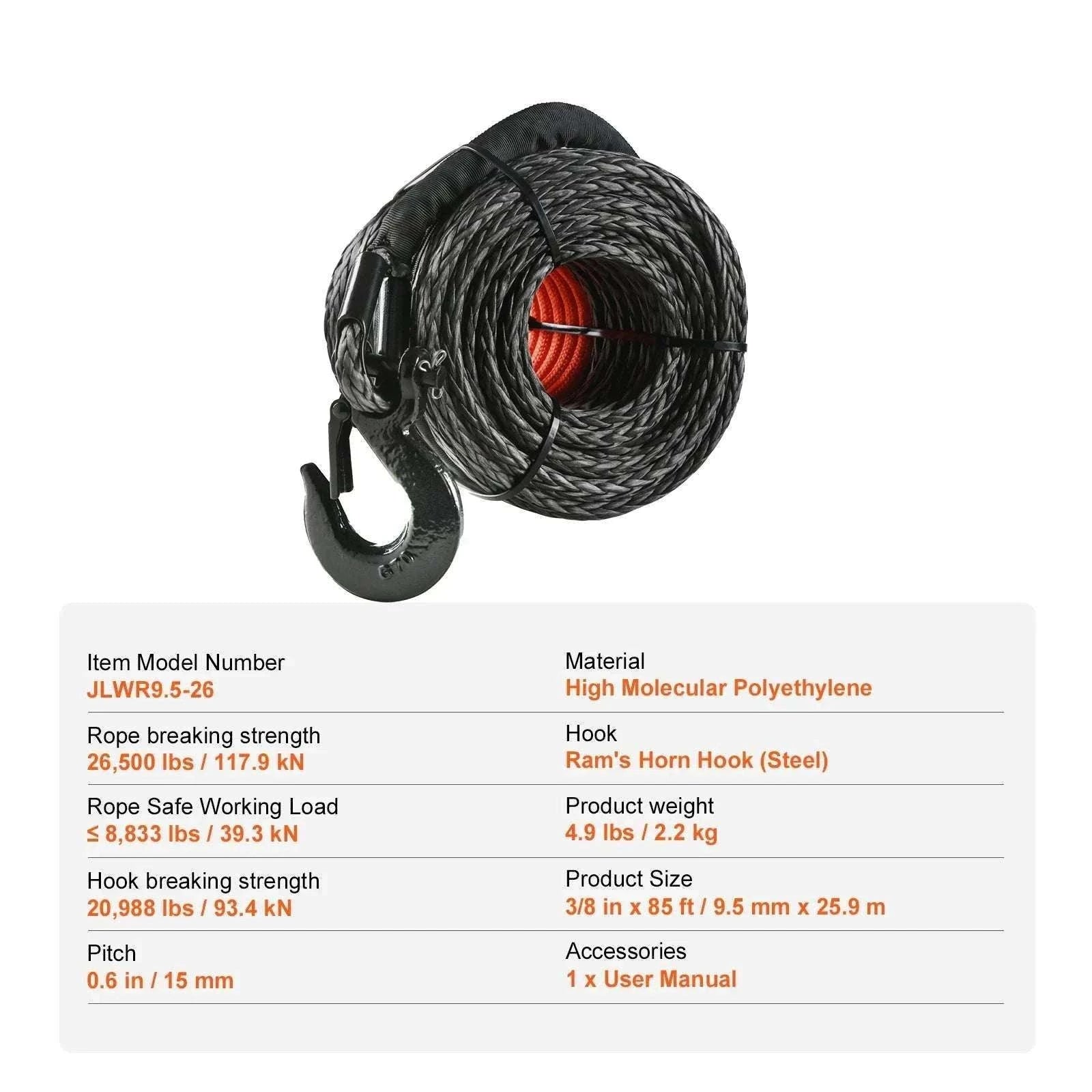 Synthetic Winch Rope 26500–32000 lbs with Hook for Truck ATV-32000lbs 92ft / france