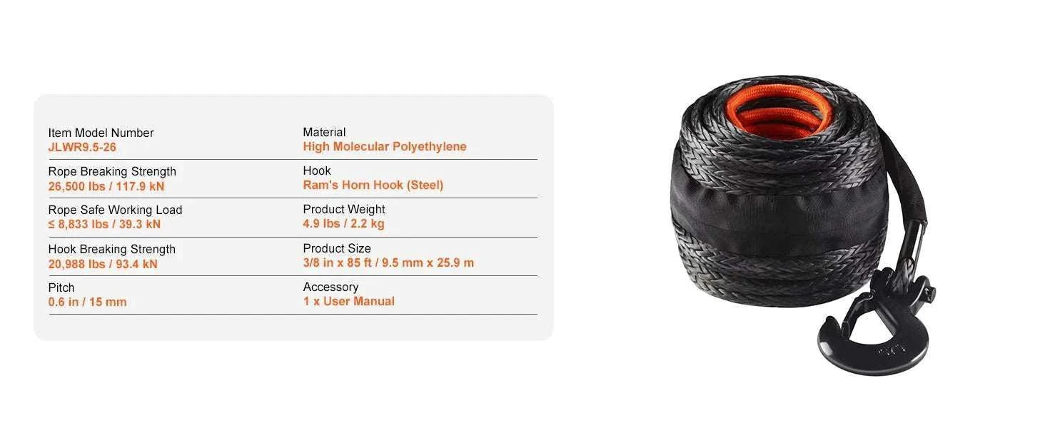 Synthetic Winch Rope 26500–32000 lbs with Hook for Truck ATV-