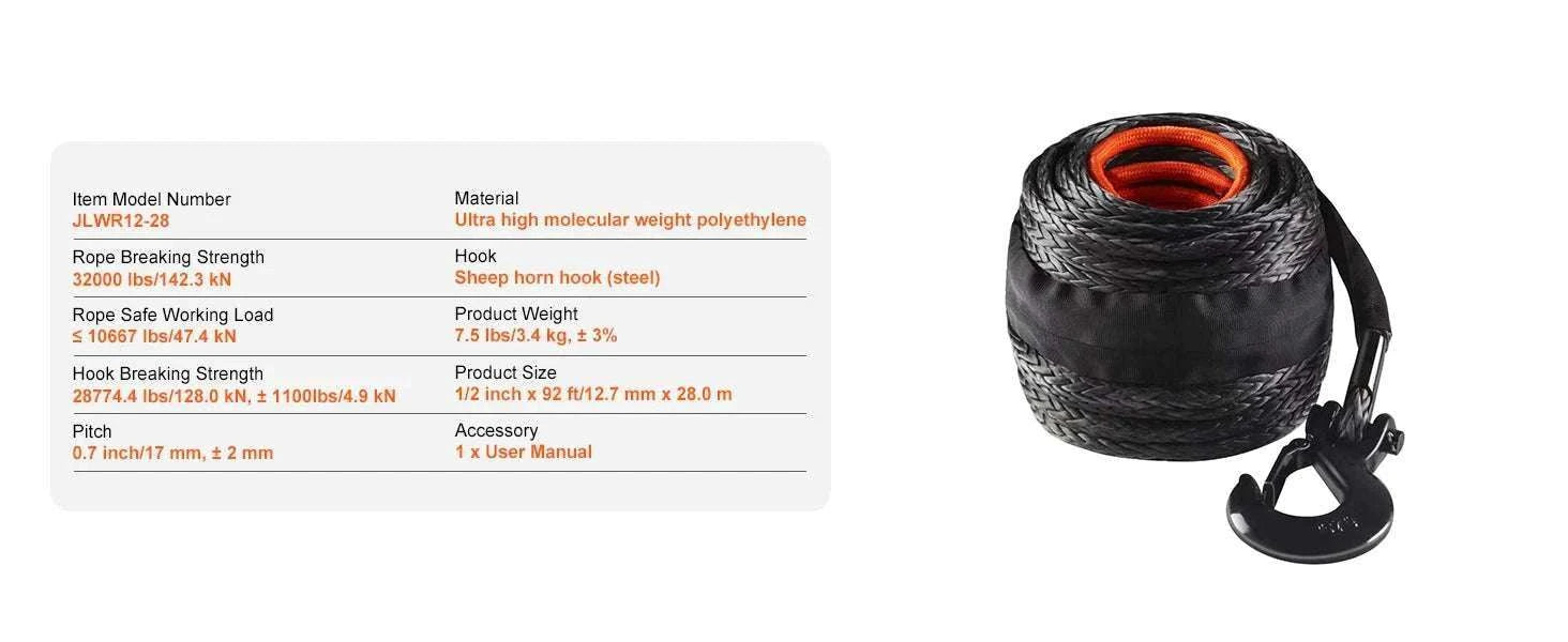 Synthetic Winch Rope 26500–32000 lbs with Hook for Truck ATV-