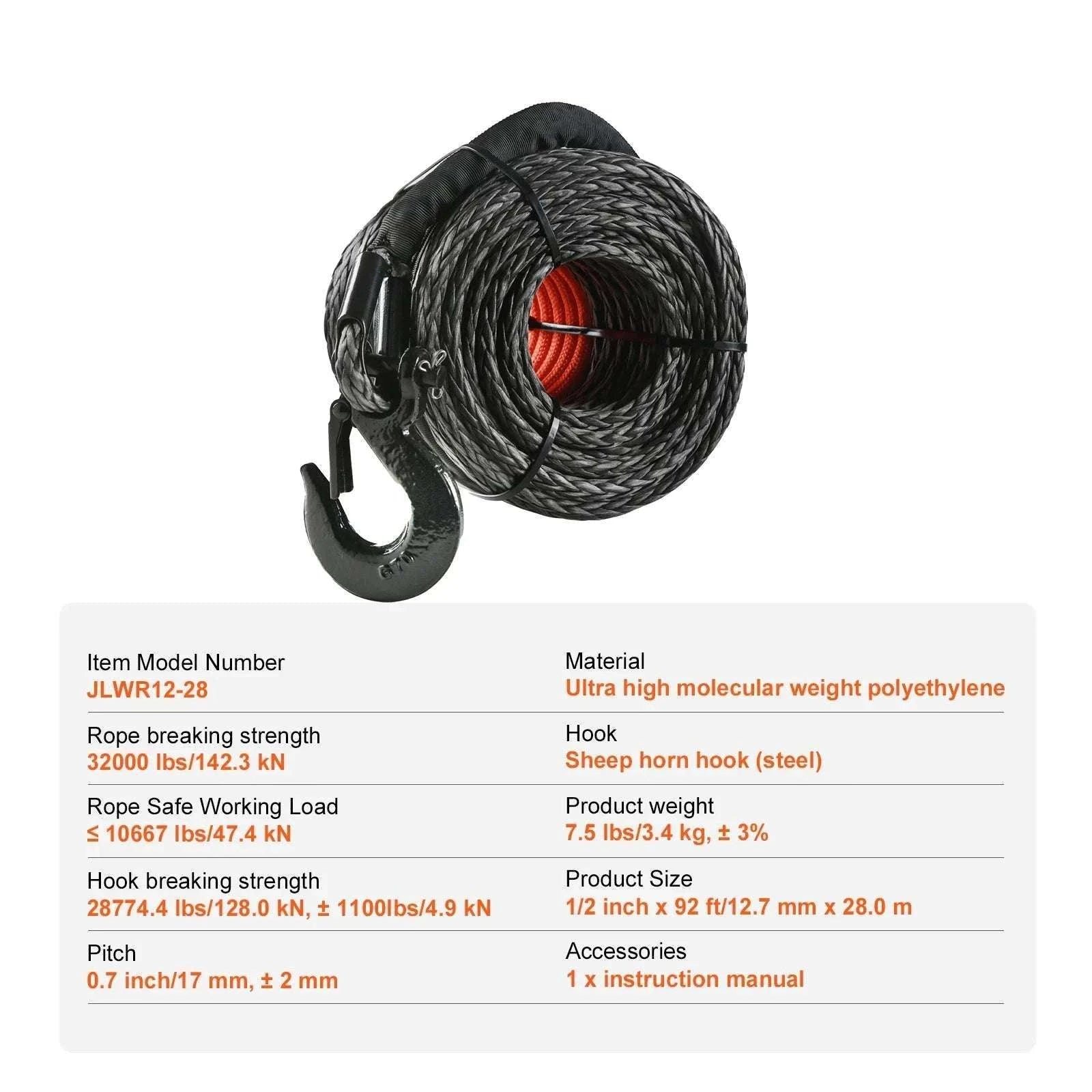 Synthetic Winch Rope 26500–32000 lbs with Hook for Truck ATV-