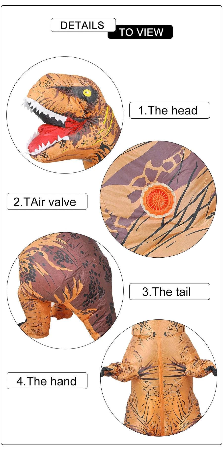 T‑Rex Inflatable Dinosaur Costume for Kids and Adults-Brown / Fit Height 150-200cm / T-REX