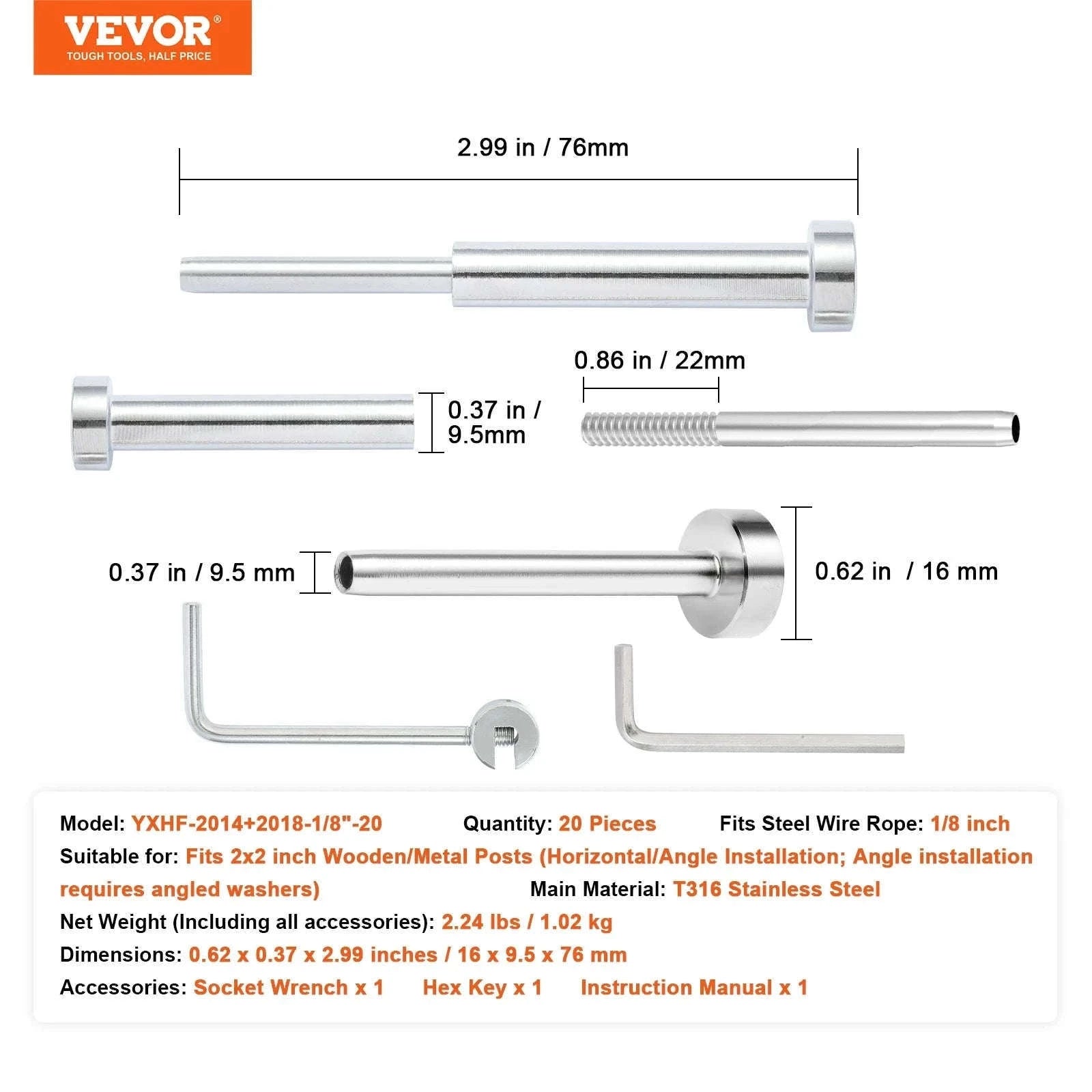 T316 Stainless Steel Cable Railing Kit for 1/8" Cable, 20 Pack-2.24lb / CZECH REPUBLIC