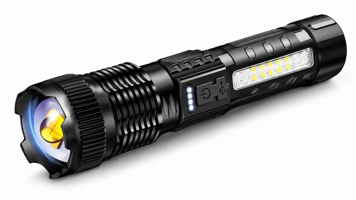 Rechargeable tactical flashlight on white background